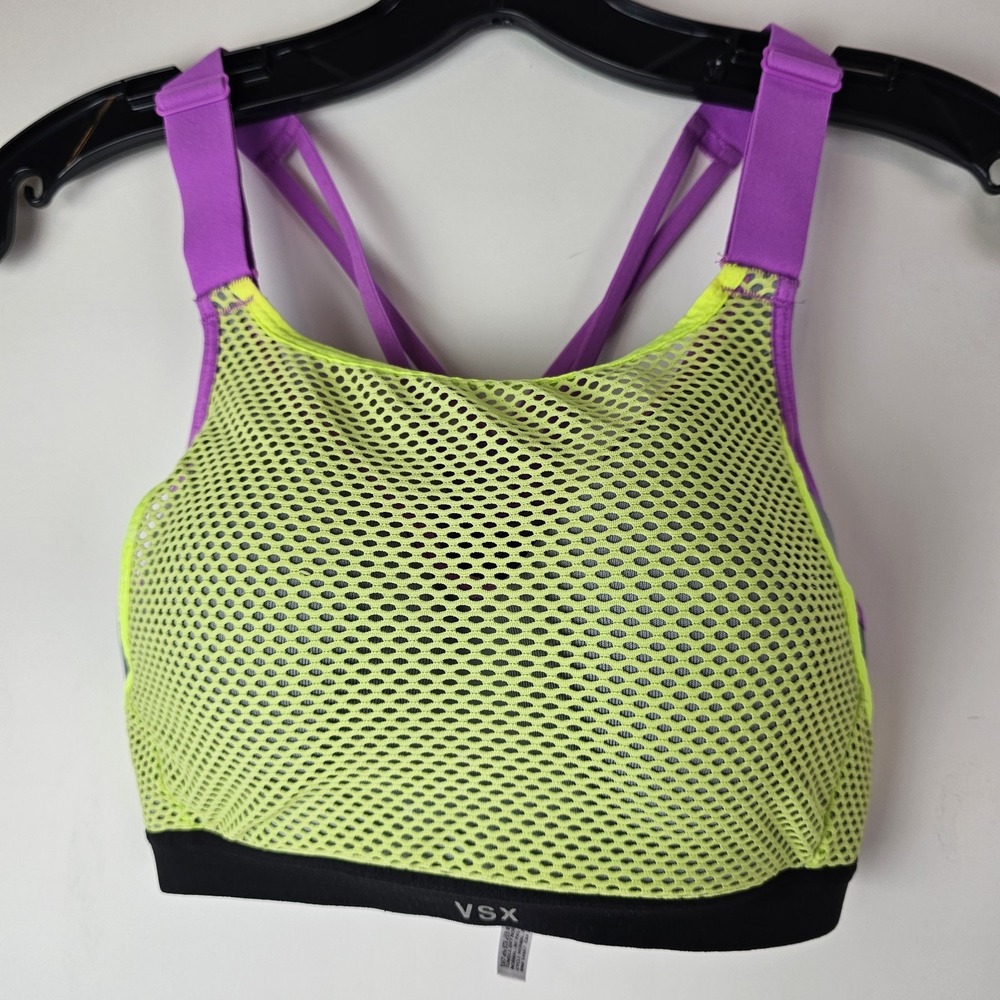 Victoria's Secret VSX Sports Bra 32C Neon Yellow Purple‎ Mesh Overlay Supportive